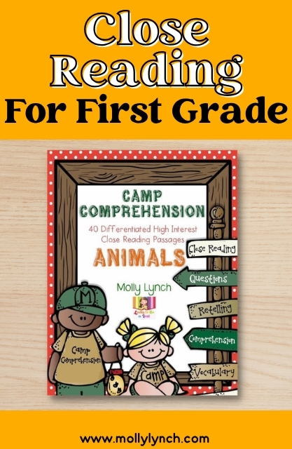 Cover image for "Camp Comprehension: Close Reading for First Grade" featuring cartoon children, a wooden sign, and text promoting close reading activities for young students.