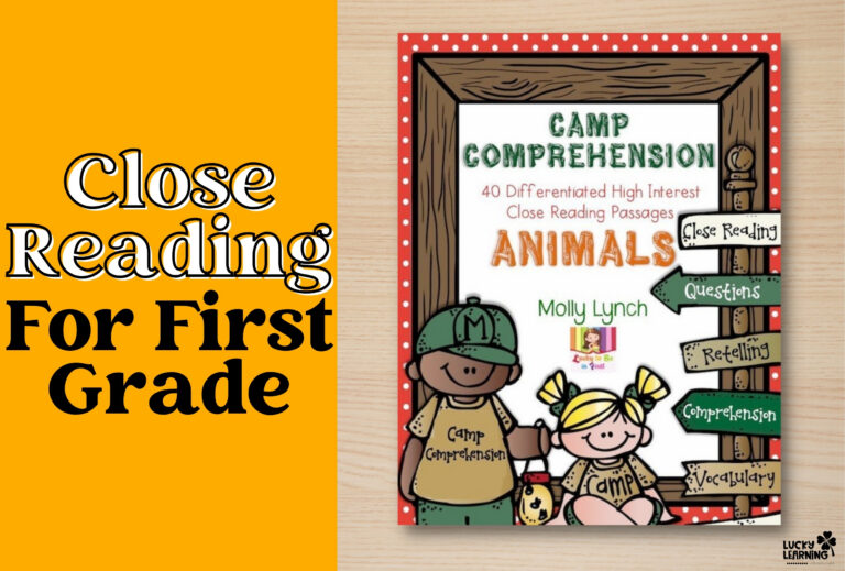 Book cover titled "Camp Comprehension: 40 Differentiated High Interest Close Reading Passages—Animals" with cartoon kids and signposts, aimed at first grade close reading skills.