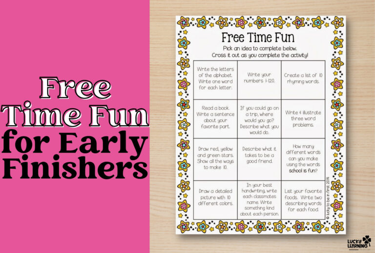 A printable worksheet titled "Free Time Fun" with activities for early finishers, set on a wooden surface next to bold text on a pink background.