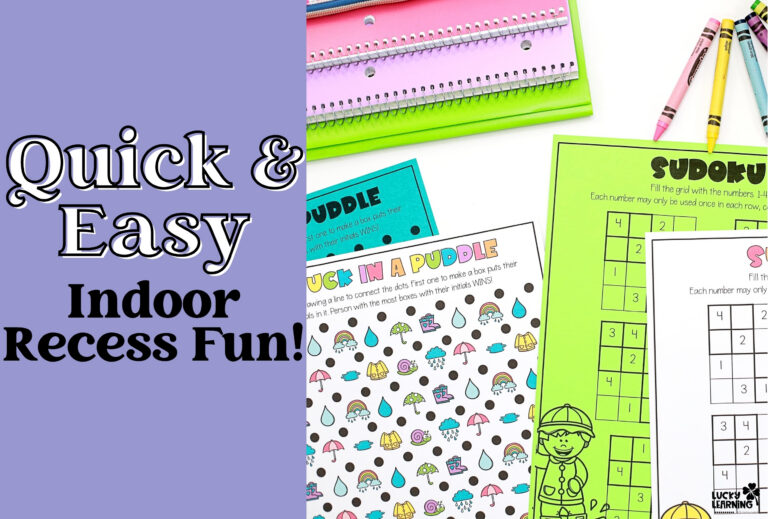 Assorted colorful worksheets and school supplies displayed next to text reading "Quick & Easy Indoor Recess Fun!" on a purple background—perfect for turning any rainy day recess into an engaging and enjoyable experience.