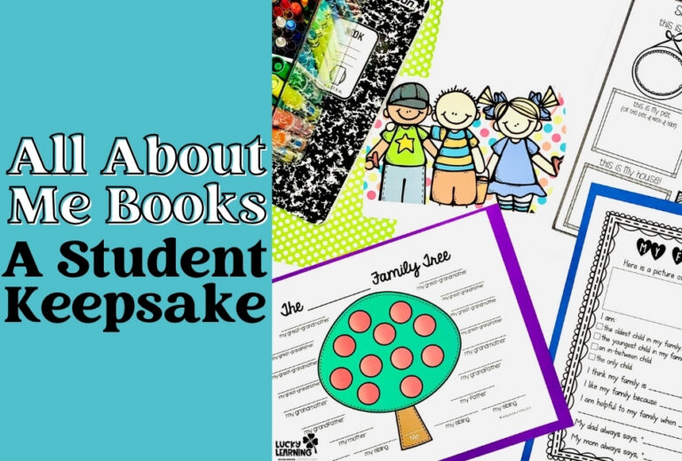 A collage showing All About Me student keepsake activities, including a family tree, illustrated children, colorful art supplies, and engaging All About Me Books.
