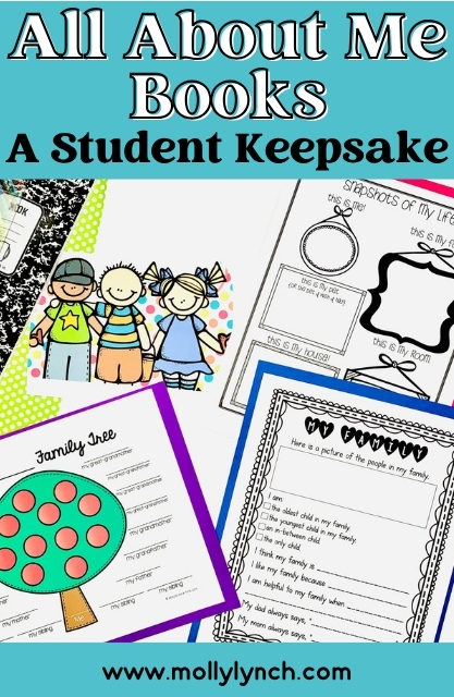 A collage of colorful worksheet pages from All About Me Books for a student keepsake book, featuring family trees, drawings, and fill-in-the-blank activities. Text reads: "All About Me Books: A Student Keepsake.