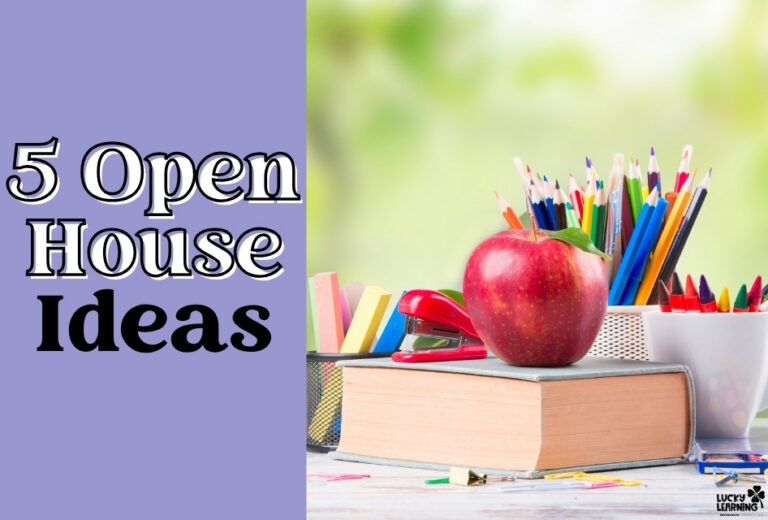 A stack of books, a red apple, a stapler, and containers of colorful pencils and pens on a desk, with text reading "5 Open House Ideas.