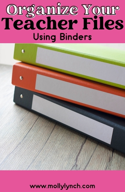 Three labeled binders—green, orange, and black—stacked on a wooden surface with text about organizing teacher files.