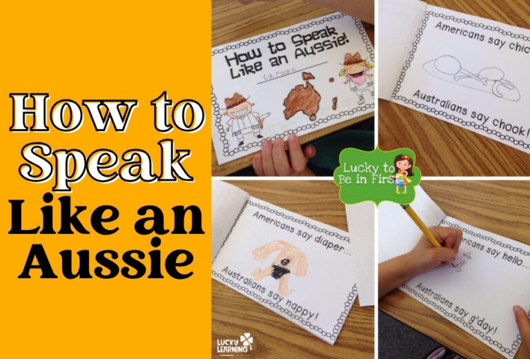 Four images show a children's book comparing American and Australian English terms, with a child drawing and writing in the book. Text reads, "How to Speak Like an Aussie.