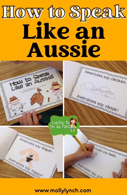 Four images show a children's book titled "How to Speak Like an Aussie," comparing American and Australian words, with a child writing inside the book.