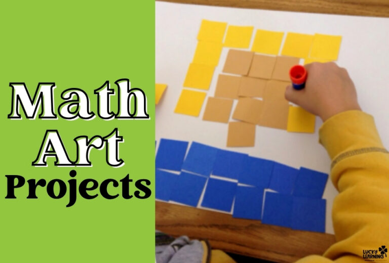Child gluing yellow and blue paper squares onto a white sheet, creating colorful patterns for Math Art Projects, with "Math Art Projects" text on a green background.