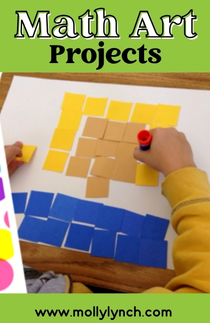 A child gluing yellow, brown, and blue paper squares onto white paper, creating a grid pattern for a Math Art Projects activity.
