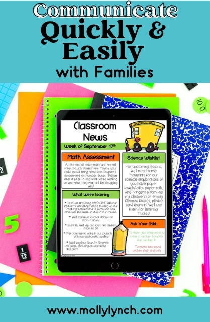 Tablet displaying a Classroom News newsletter on top of notebooks, surrounded by school supplies like dice, paperclips, and pencils. Text above reads “Communicate Quickly & Easily with Families,” making parent communication more seamless than ever.