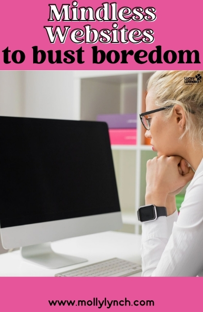 Woman in glasses sits at a desk looking at a blank computer monitor; text above reads "Websites for when you're bored to bust boredom.