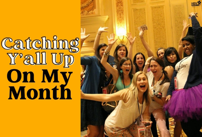 A group of women pose together indoors, some smiling and raising their arms, with text reading "Catching Y’all Up On My Month" on a yellow background.