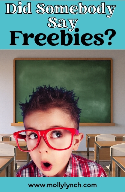 Young boy with red glasses looks surprised in a classroom, with the text “Did Somebody Say Freebies?” above and “www.mollylynch.com” below.