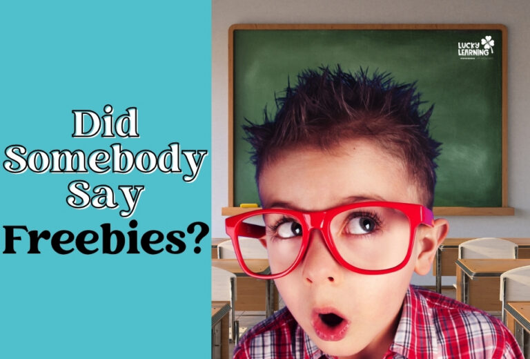 A surprised child wearing red glasses in a classroom, next to text that reads, "Did Somebody Say Freebies?" on a green chalkboard background.