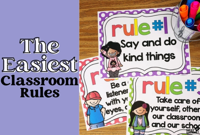 Three colorful Rules for the Classroom posters sit on a desk with markers, next to a purple panel reading "The Easiest Classroom Rules" in bold text.