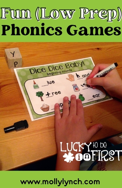 Child using a dry erase marker to complete a phonics worksheet titled "Dice Dice Baby," with a large lettered die and marker on a table—one of many engaging phonics games designed to make learning fun.