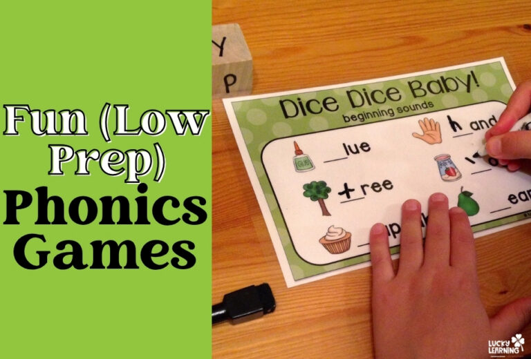 Child writing on a worksheet titled "Dice Dice Baby! beginning sounds," with dice and a marker on a wooden table. Text reads "Fun (Low Prep) Phonics Games," making this activity perfect for engaging phonics games in the classroom or at home.