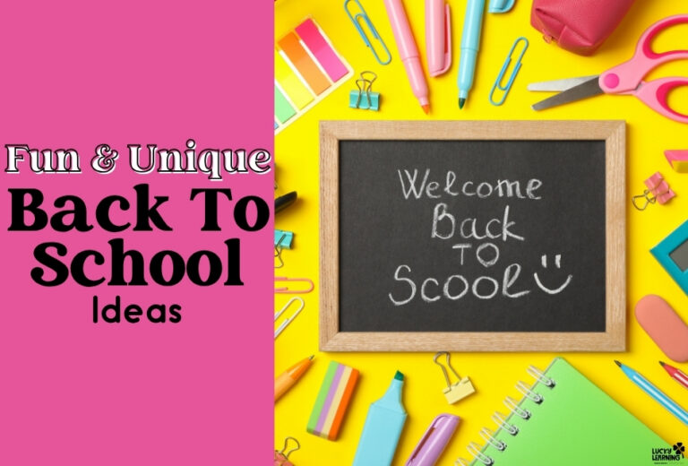 A small chalkboard with "Welcome Back to School" written on it is surrounded by colorful school supplies on a yellow background. Text reads: "Fun & Unique Back To School Ideas," perfect for inspiring creative back to school moments.
