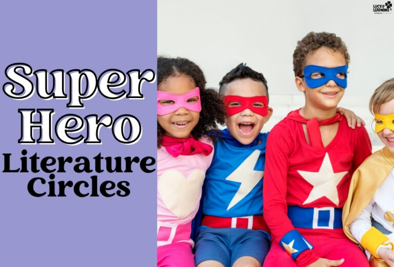 Four children dressed as superheroes sit together, smiling, next to the text "Super Hero Literature Circles" on a purple background, ready to dive into exciting super hero literature circles adventures.