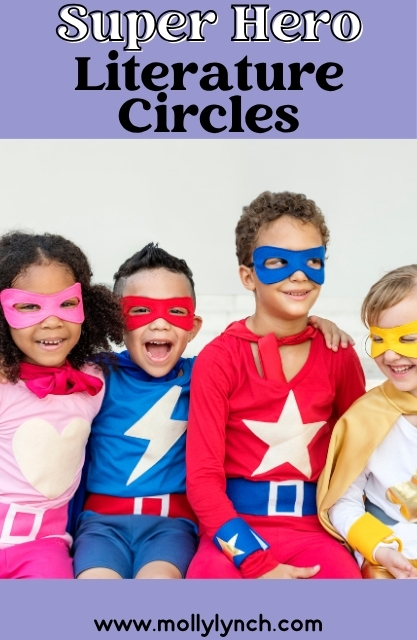Four children in colorful superhero costumes sit together and smile beneath the text "Super Hero Literature Circles" on a purple background, ready to dive into exciting super hero literature circles adventures.