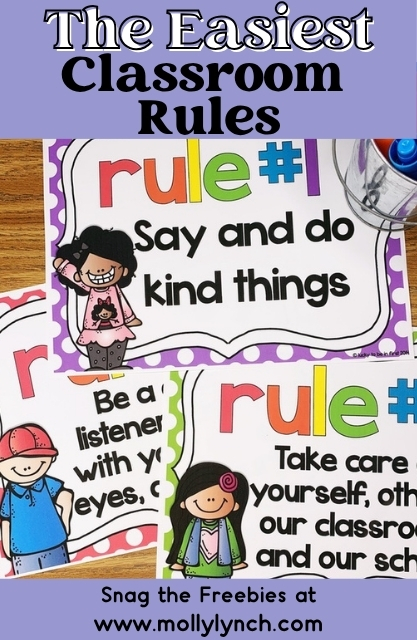 Three colorful classroom rule posters featuring cartoon children; these Rules for the Classroom include kindness, listening, and taking care of oneself and others.