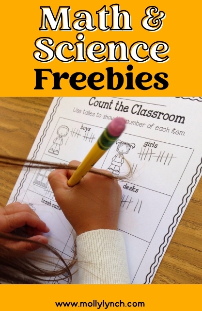 Child holding a pencil and completing a tally chart worksheet titled "Count the Classroom" under a header that reads "Math & Science Freebies.