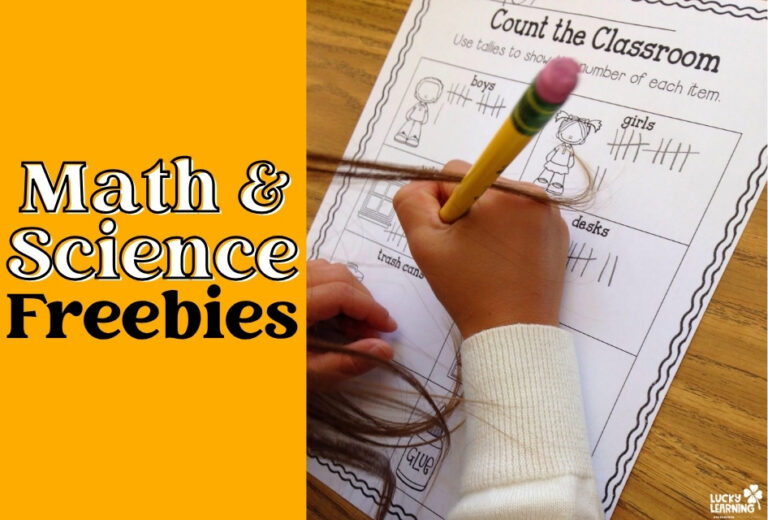 A child uses a pencil to fill out a tally chart worksheet titled "Count the Classroom" on a wooden desk. Text on the left reads "Math & Science Freebies.