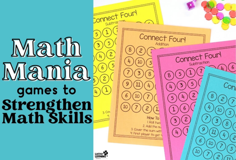 Three colorful Connect Four math games sheets for addition and subtraction are displayed next to counting chips, with a title promoting engaging games to strengthen math skills.