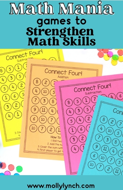 Four colorful Connect Four math games sheets for practicing addition and subtraction are displayed on a table with confetti, alongside a vibrant "Math Mania" banner.