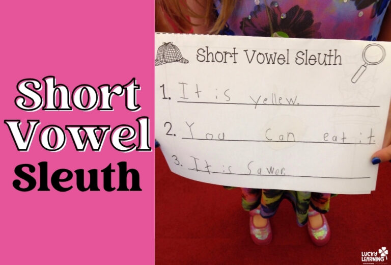 Child holding a worksheet titled "Short Vowel Sleuth" with three sentences written about something yellow, edible, and sour; "Short Vowel Sleuth" text on a pink background.