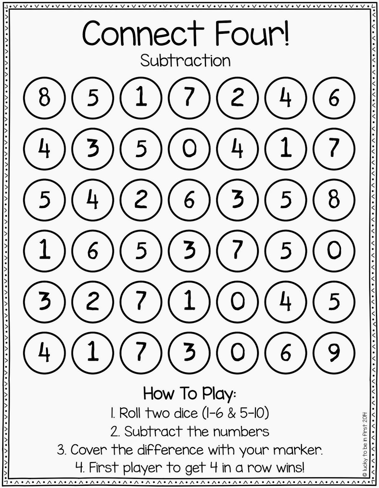 connect four subtraction math game printout | Lucky Learning with Molly Lynch 