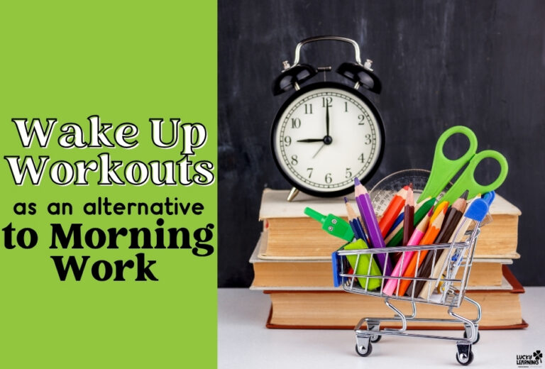 Mini shopping cart with school supplies in front of stacked books and an alarm clock; text reads "Wake Up Workouts as an alternative to morning work.