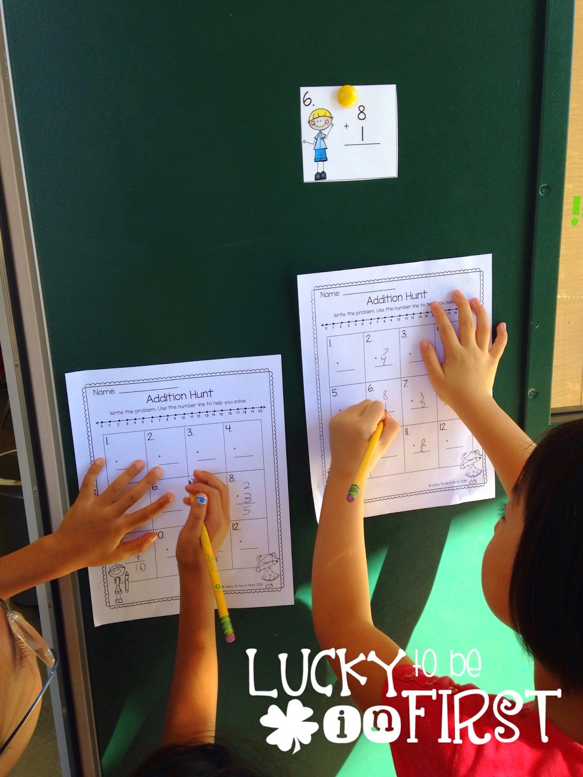 elementary kids playing math games called addition hunt | Lucky Learning with Molly Lynch