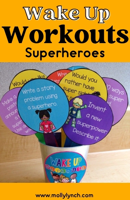 A cup holds colorful superhero-themed activity prompt cards for kids, each with a different creative writing or discussion exercise.