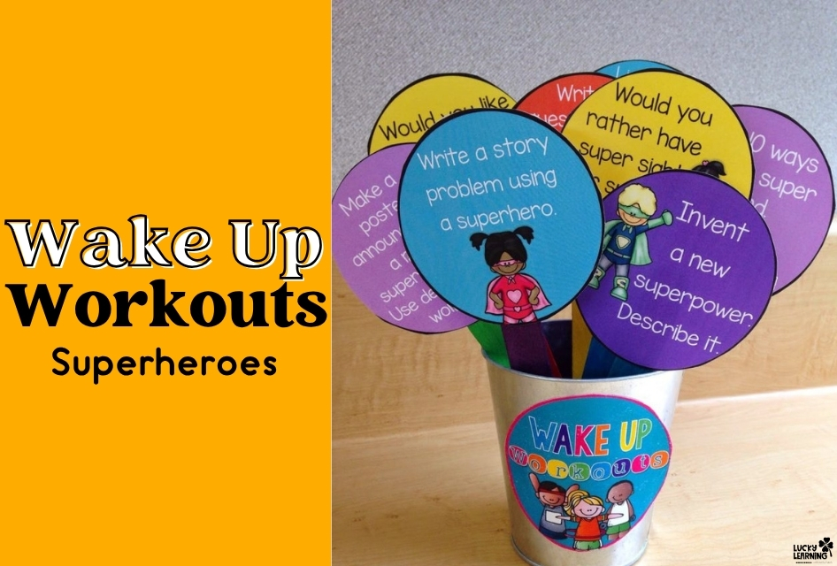 A metal cup holds colorful superhero-themed activity sticks with writing prompts for children; text reads "Wake Up Workouts Superheroes.