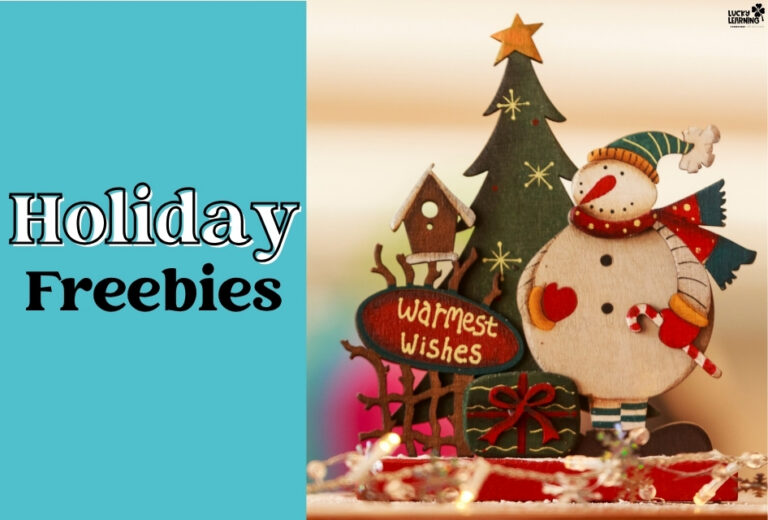 A wooden snowman, Christmas tree, and "warmest wishes" sign are displayed next to the text "Holiday Freebies for December!" on a cheerful turquoise background.