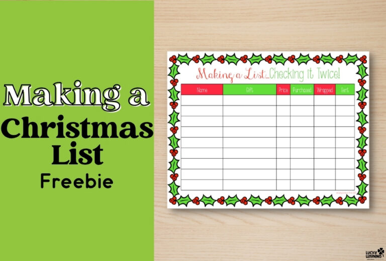 Christmas list printable on a wooden surface, featuring columns for name, gift, price, purchased, wrapped, and sent. Text on the left reads "Making a Christmas List Freebie"—perfect for organizing your holiday shopping with ease.