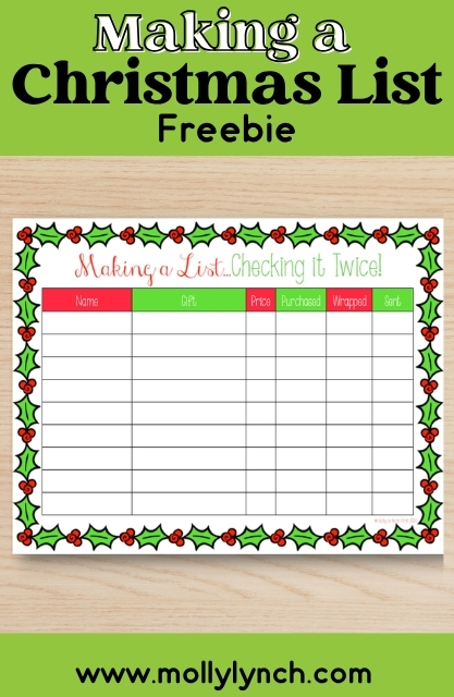 A printable Christmas list template with columns for name, gift, price, purchased, wrapped, and sent—all decorated with festive holly borders to keep your christmas list organized in style.