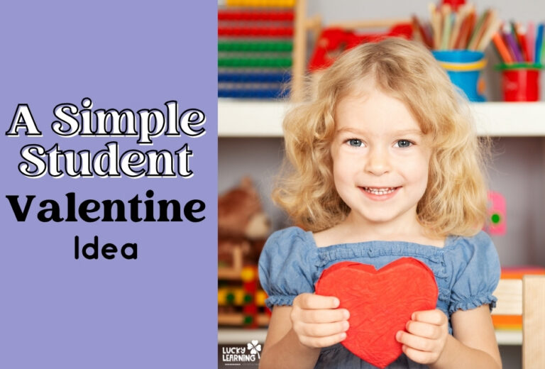 Young girl with blonde hair smiles and holds a red paper heart; text on left reads, "A Simple Student Valentine Idea." Classroom supplies are visible in the background, perfect for creative student valentines.