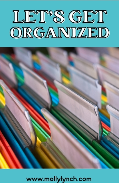 Close-up of color-coded file folders with blank labels in a filing system. Text above reads "Let's Get Organized" and website "www.mollylynch.com" is at the bottom.