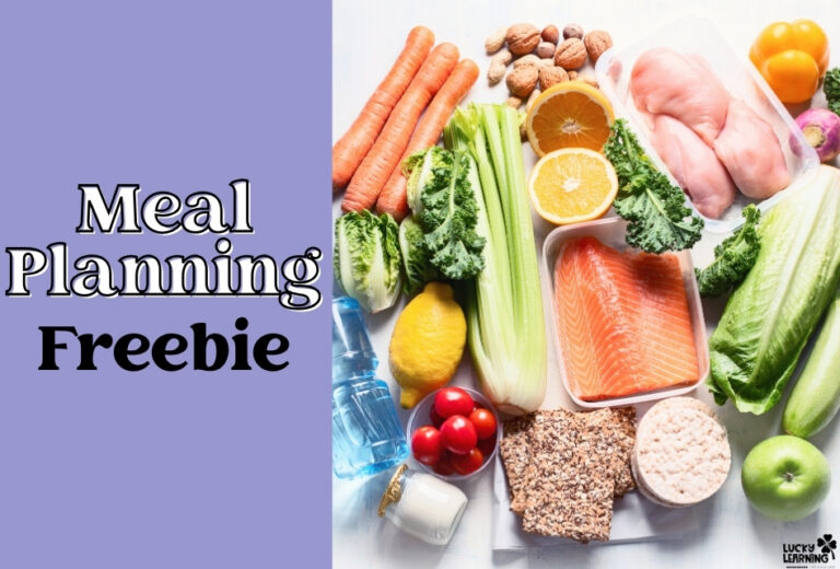 Assorted fresh foods including salmon, chicken, vegetables, fruits, nuts, and grains displayed next to text that reads "Meal Planning Freebie" on a purple background for easy dinner planning.