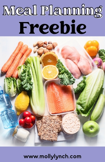 Assorted fresh foods including vegetables, fruits, chicken, salmon, grains, and bottled water arranged on a white background with text promoting an easy dinner planning freebie.