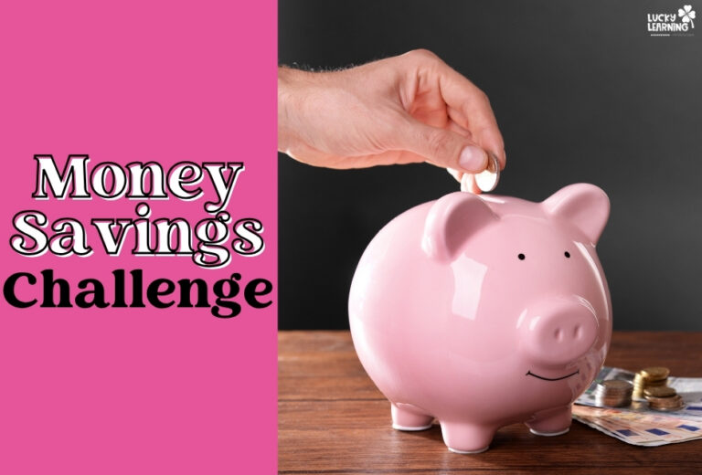 A hand places coins into a pink piggy bank on a wooden table with scattered coins and bills, highlighting the Money Savings Challenge next to bold text.