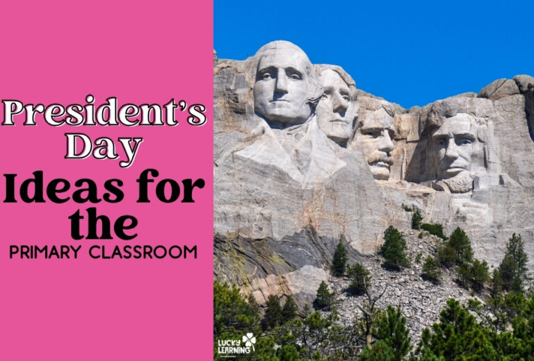Mount Rushmore under a clear blue sky beside a pink banner reading "Presidents' Day Ideas for the Primary Classroom" sets a festive scene, perfect for celebrating presidents' day with creative classroom activities.