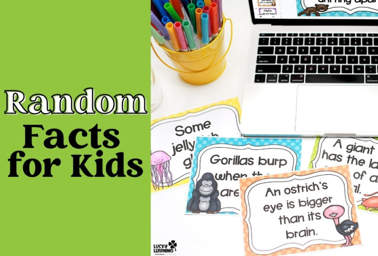 Random Facts for Kids" title card with colorful fact cards about animals, fun facts, markers, and a laptop.