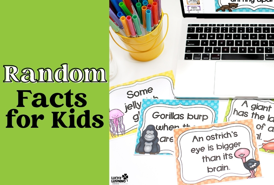 Random Facts for Kids" title card with colorful fact cards about animals, fun facts, markers, and a laptop.