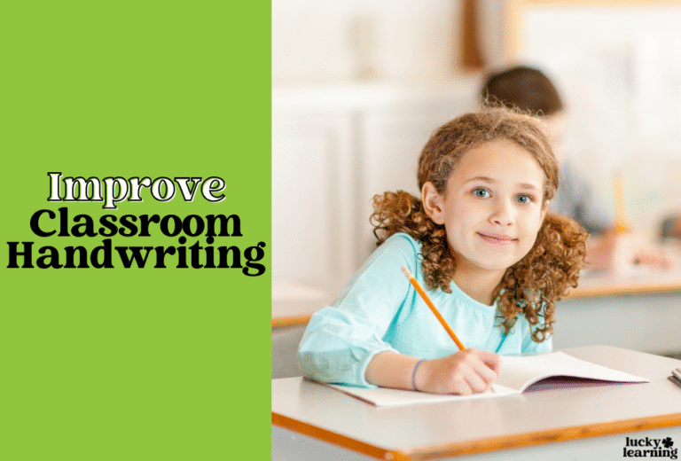 A young student with curly hair writes in a notebook at a desk, practicing their handwriting. Text on the left reads, "Improve Classroom Handwriting.