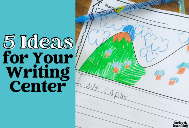 A worksheet with a child's drawing of a green hill, blue clouds, and trees sits next to pencil and crayon, featuring text that reads "5 Work on Writing Ideas for Your Writing Center.