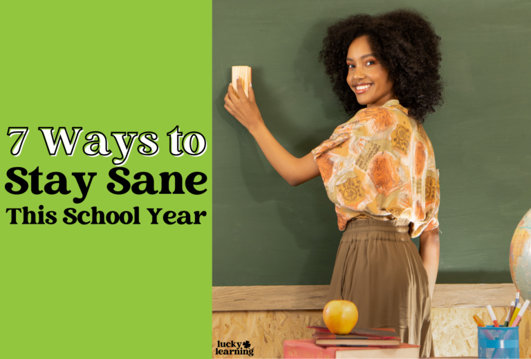 A person is writing on a chalkboard with the message: "Stay Sane with 7 Tips for This School Year." A globe and apple rest on the desk, setting the scene for a productive and balanced education journey.
