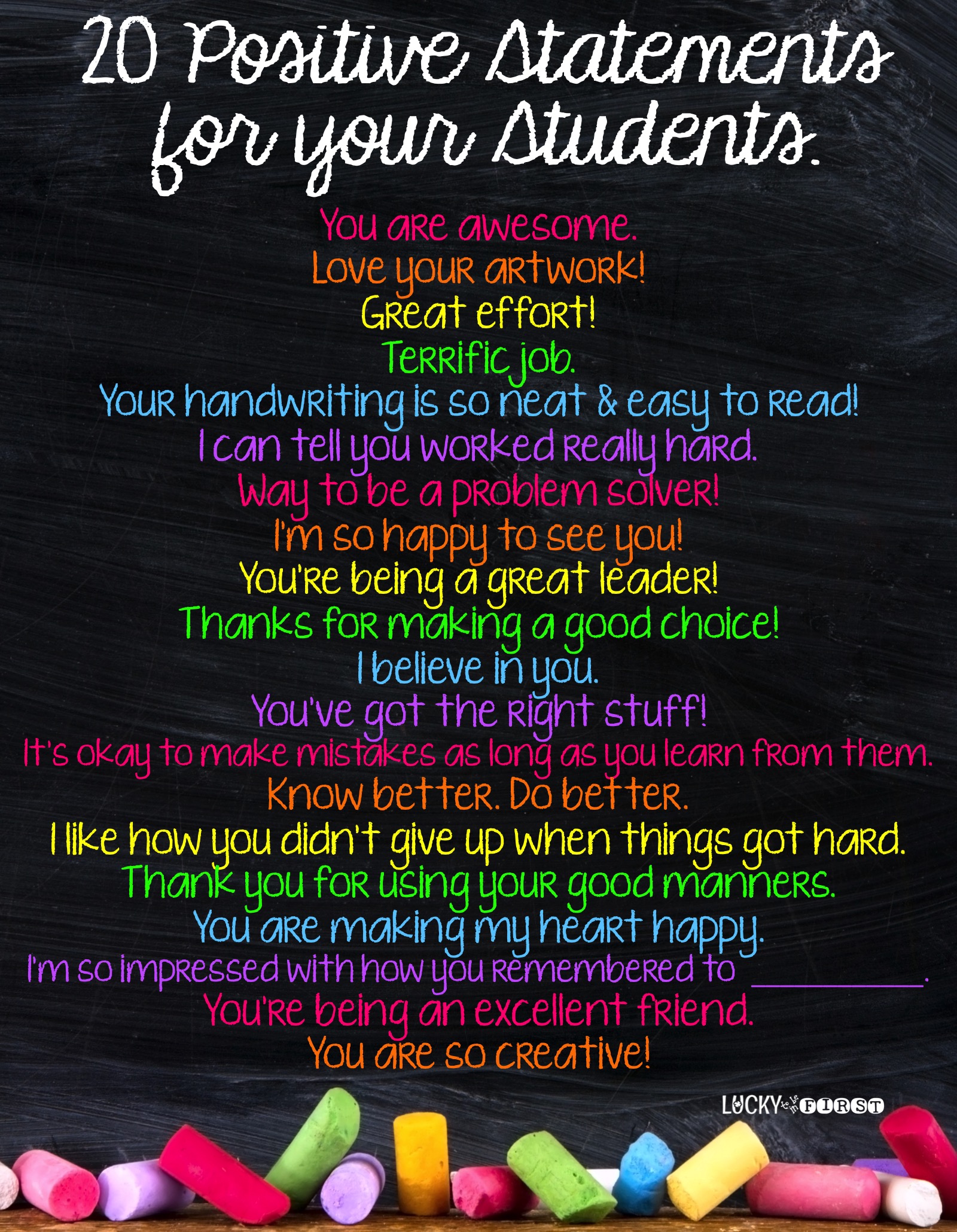 20 Positive Statements for Your Students Lucky to Be in First FREEBIE