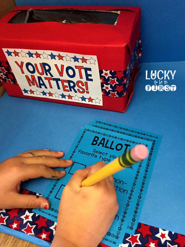 a student casting a ballot as part of an election unit in their classroom | Lucky Learning with Molly Lynch 